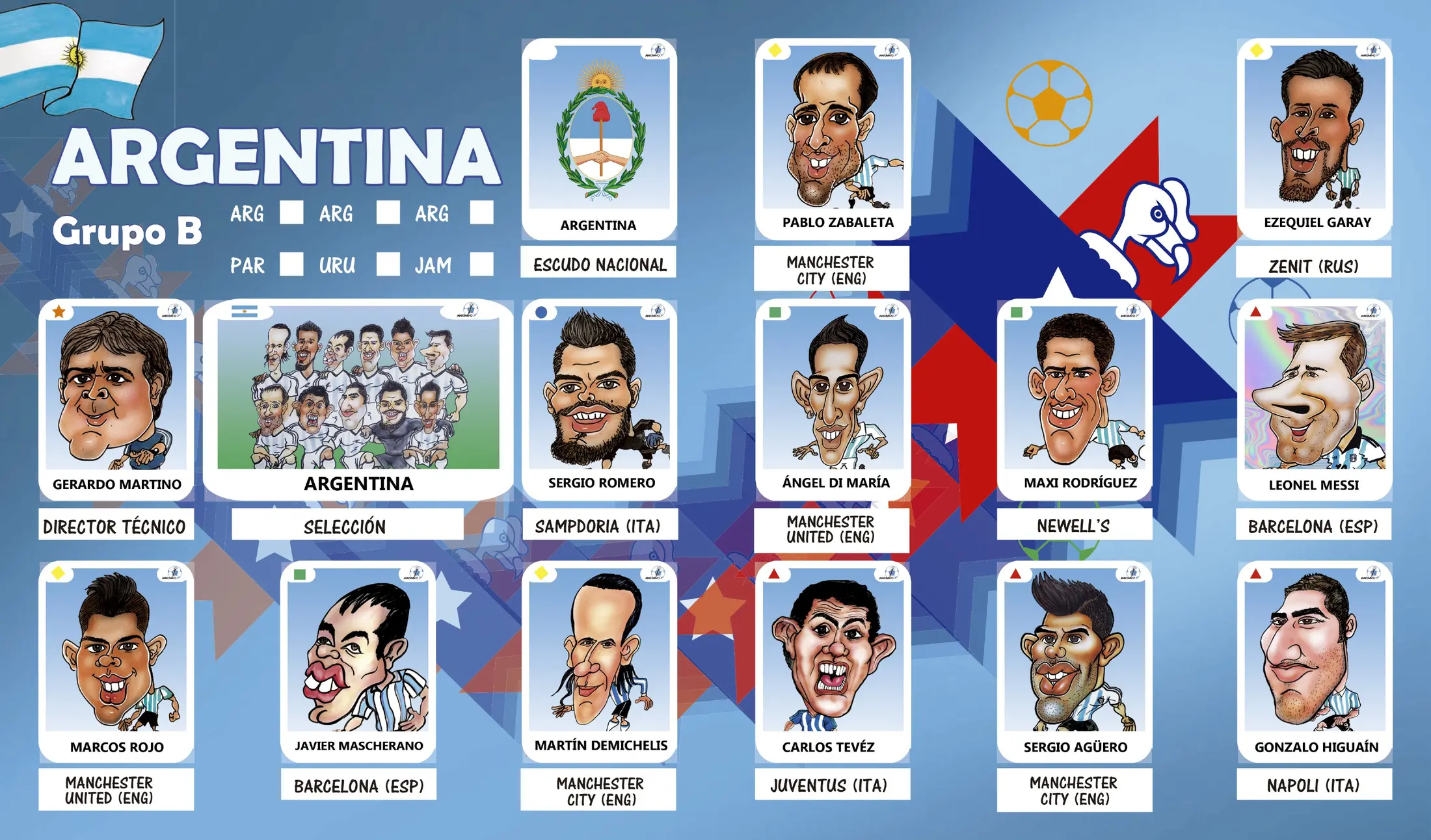 Argentina team spread showing the repeatable character and editorial system