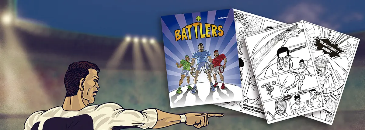 Battlers stadium illustration showing the comic and its character universe