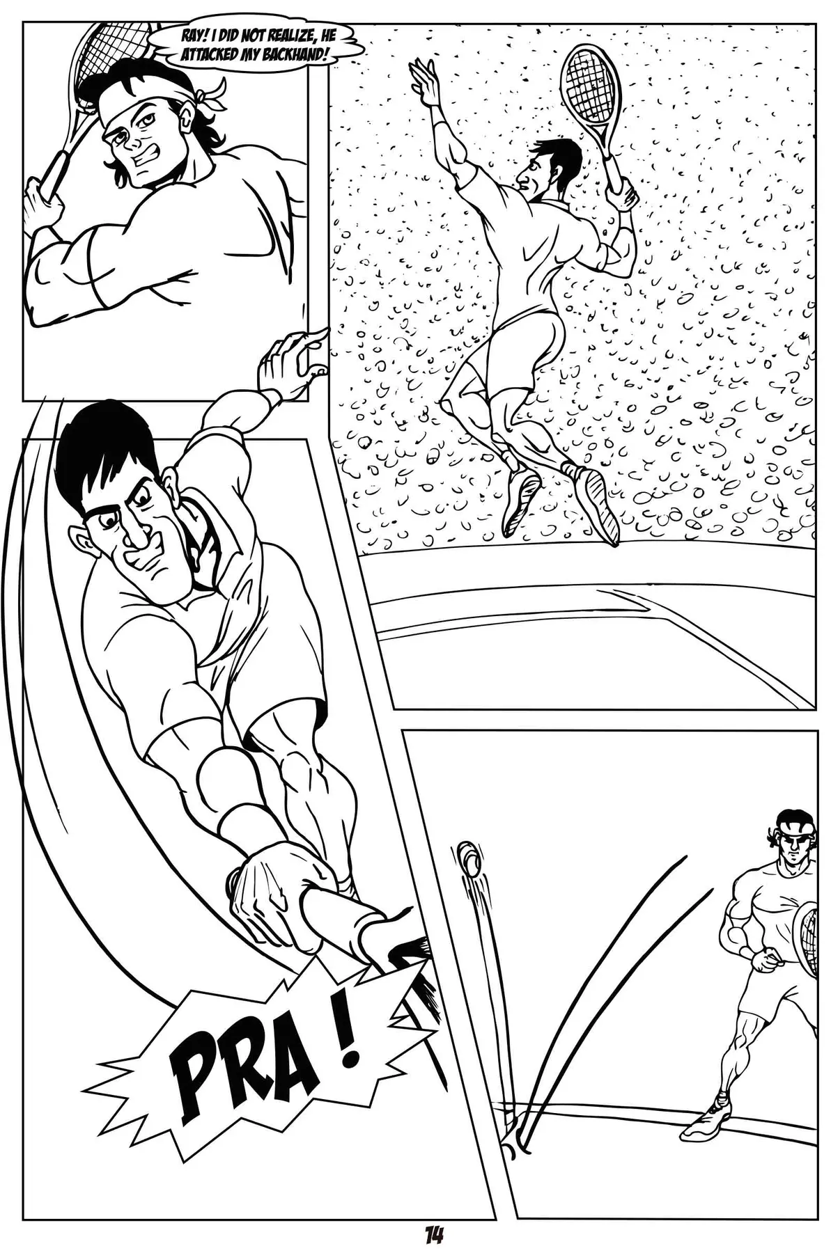 Black-and-white Battlers comic page showing sequential tennis action