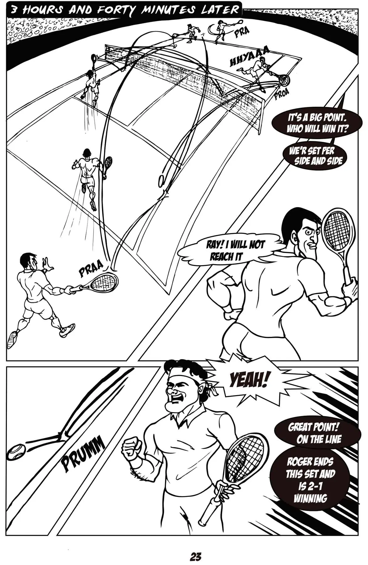 Battlers comic page with dynamic tennis action and English dialogue