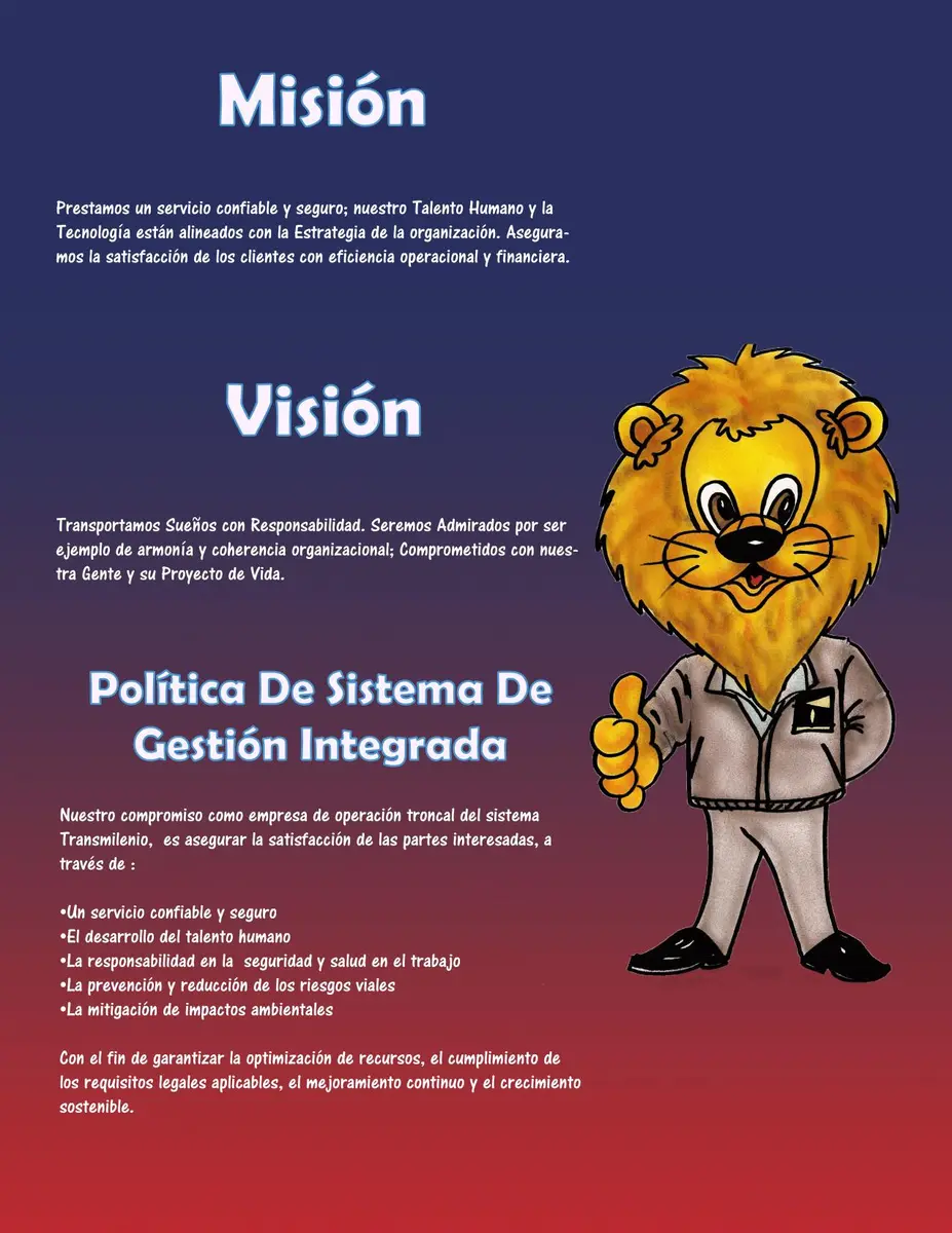 Mission, vision and management-policy page guided by the Connexion Móvil mascot