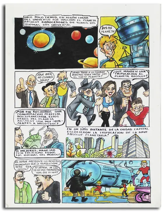 Sequential comic page expanding the world into a science-fiction setting