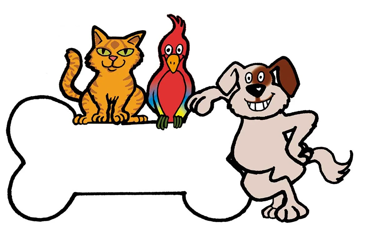 Cat, bird and dog ensemble around a bone-shaped identity