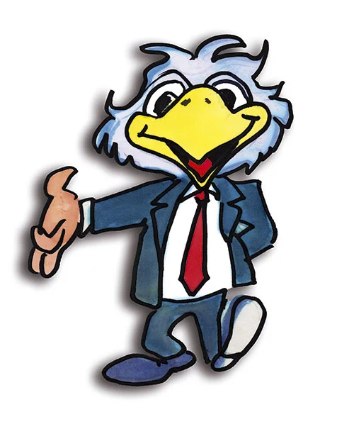 Bird mascot wearing a suit and tie