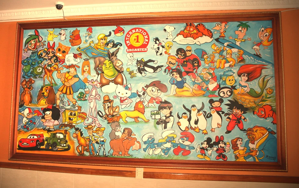 Framed ensemble of colorful cartoon characters around a restaurant identity
