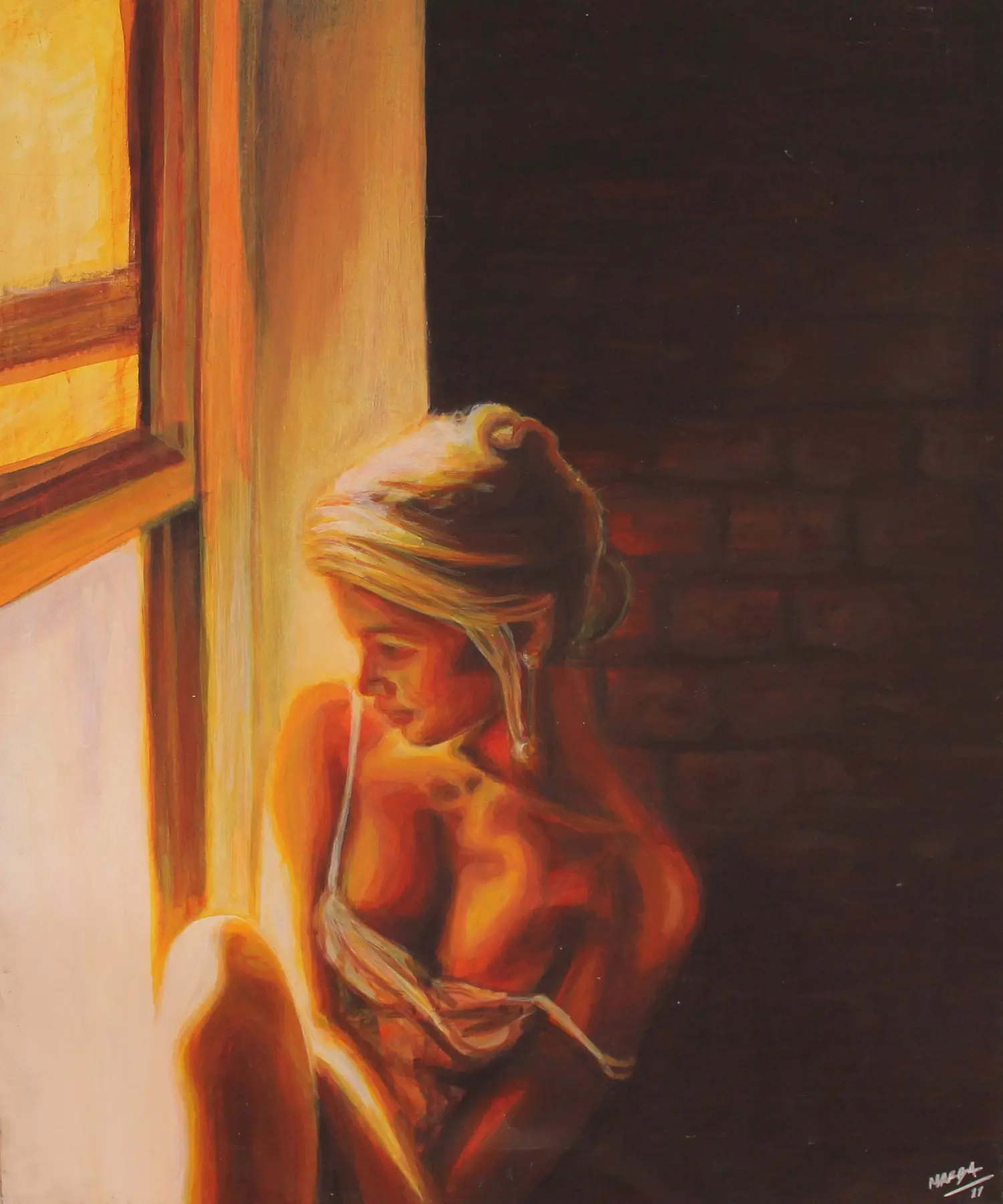 Original painting of a woman by a window developed for an interior setting