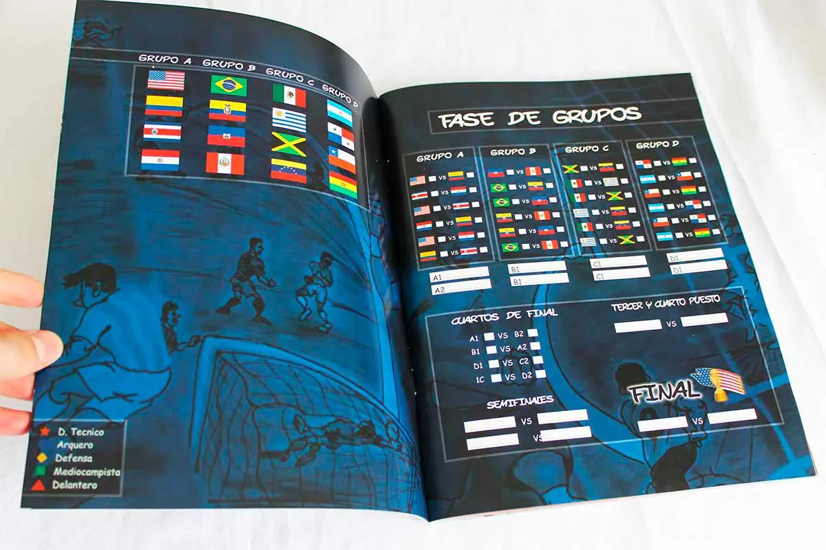 Physical album spread showing the tournament schedule and group system